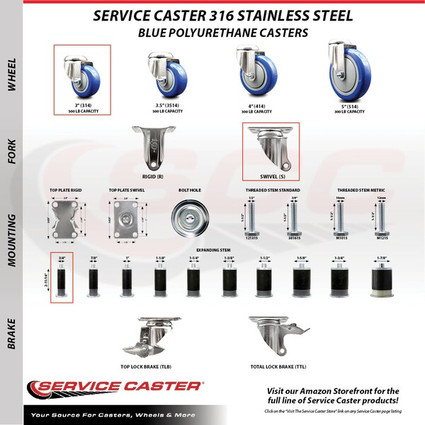 Service Caster 3 Inch 316SS Blue Polyurethane Wheel Swivel 3/4 Inch Expanding Stem Caster SCC-SS316EX20S314-PPUB-BLUE-34 - main